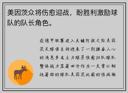 美因茨众将伤愈迎战，盼胜利激励球队的队长角色。